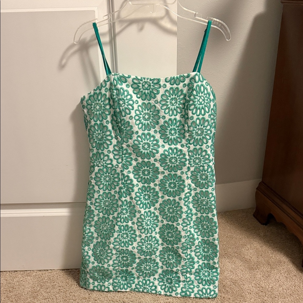 Sleeveless Green Floral Lace-Overlay Dress